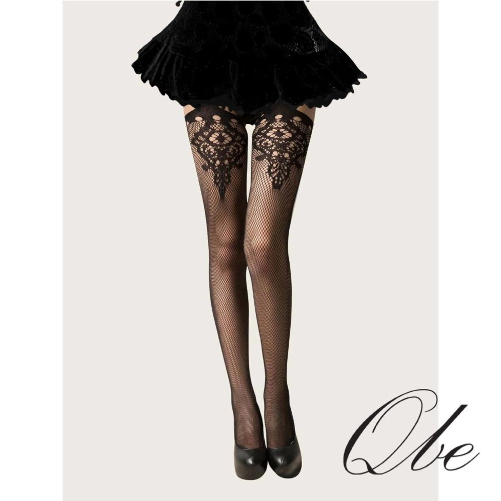 Qbe Fishnet Embroidery Thigh High Stockings